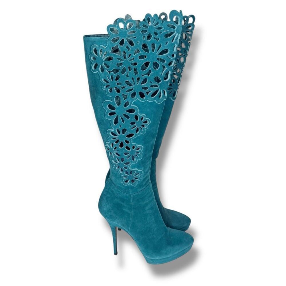 Cesare Paciotti Stiletto Knee-High Boots Blue Teal Suede Laser-Cut Floral 37.5